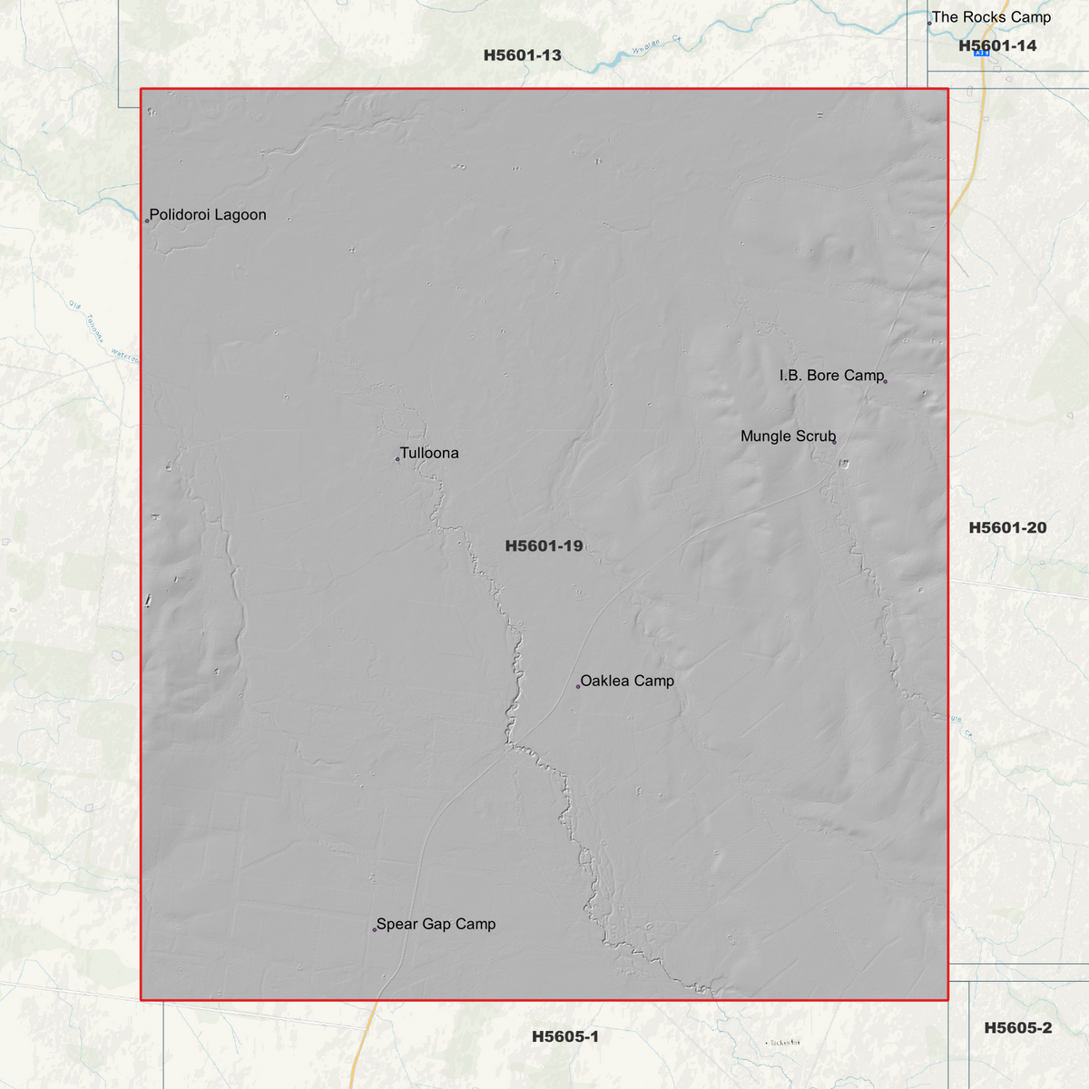 Tulloona 1m hillshade showing terrain relief within the outlined data coverage area.
