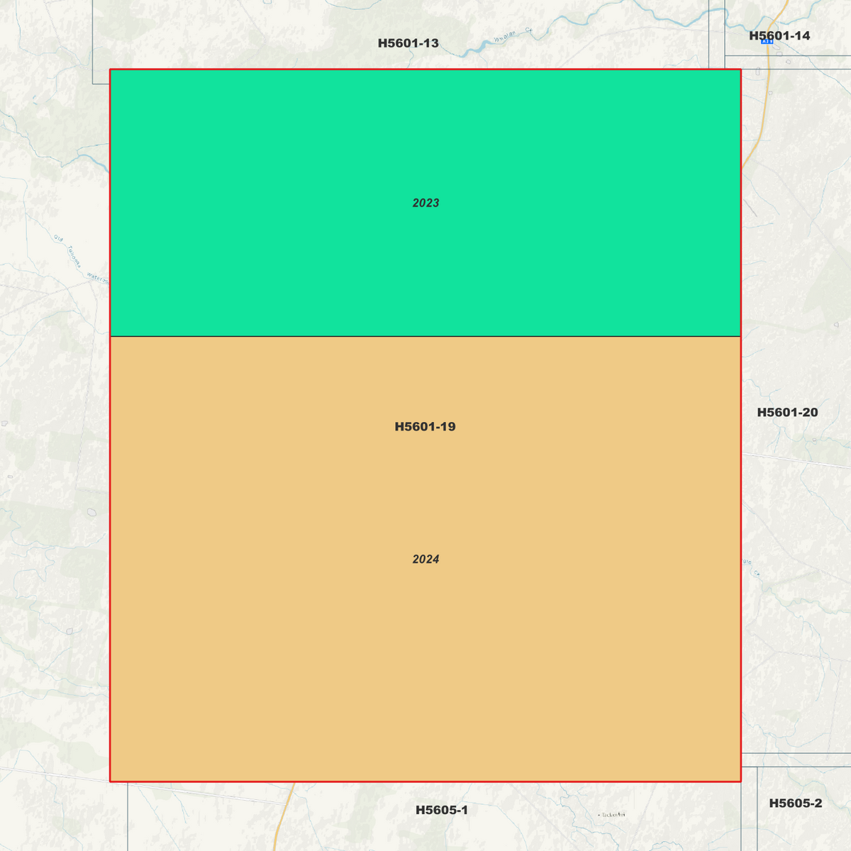 Tulloona 1m metadata index showing coloured survey coverage areas with date labels.
