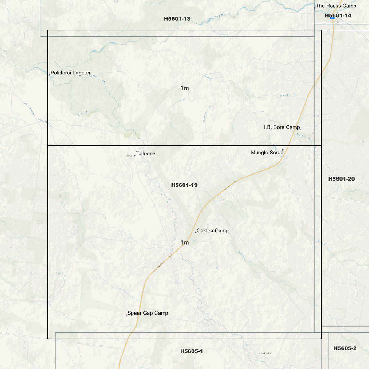 Tulloona background map showing data coverage boundaries without an elevation overlay.
