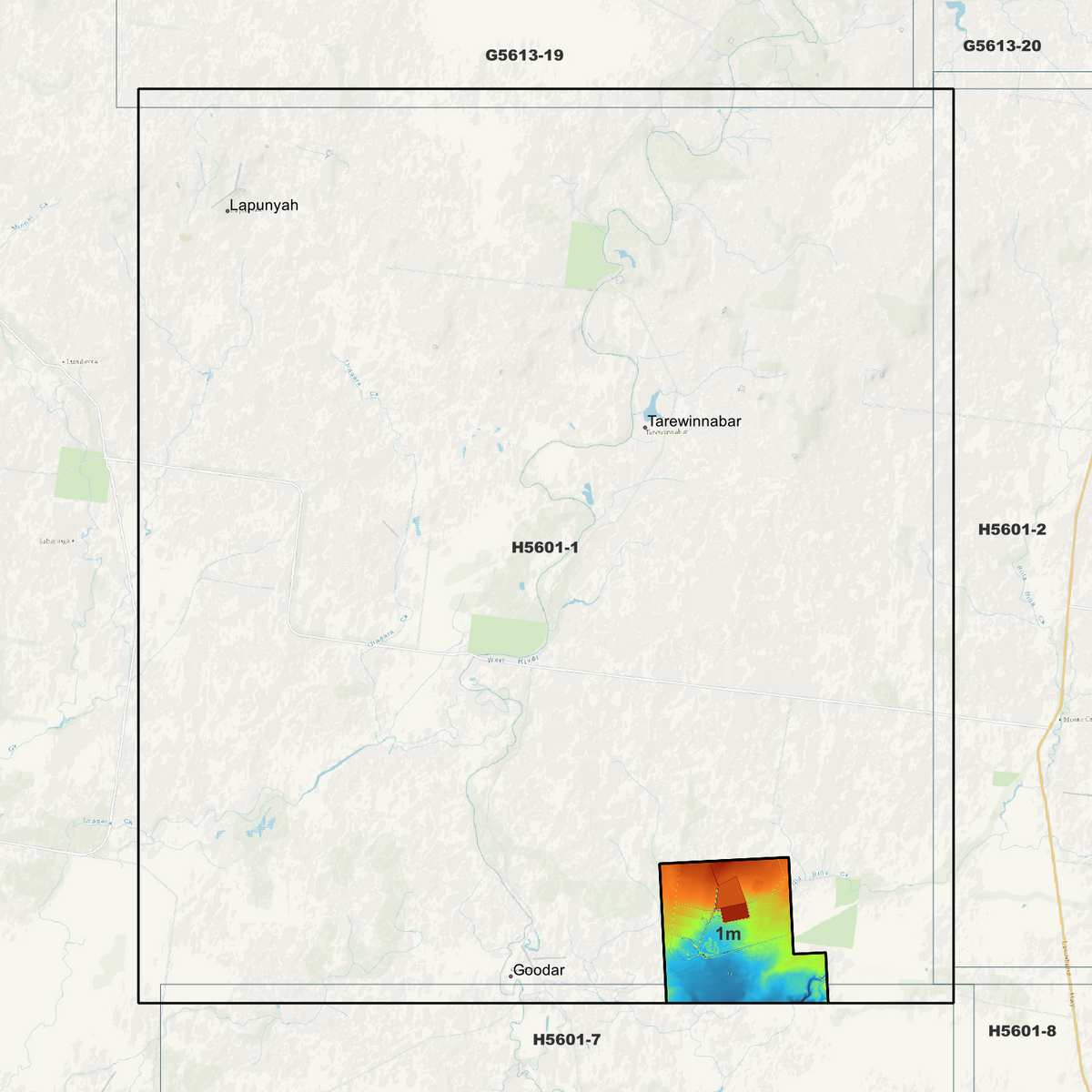 Tarewinnabar coverage map showing a small 1m elevation area near Goodar at the southern edge.

