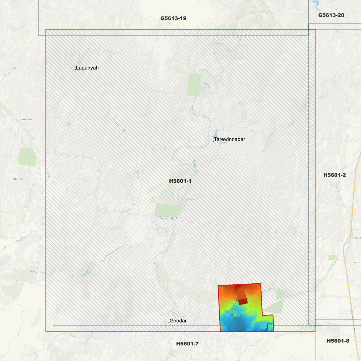 Tarewinnabar 1m pseudocolour elevation in a small southern coverage area, with the remaining tile hatched.
