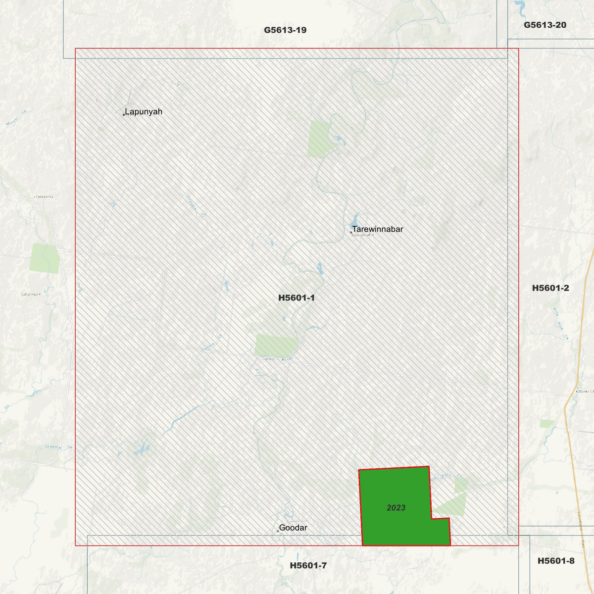 Tarewinnabar 1m metadata index showing a small survey area near Goodar labelled 2023.
