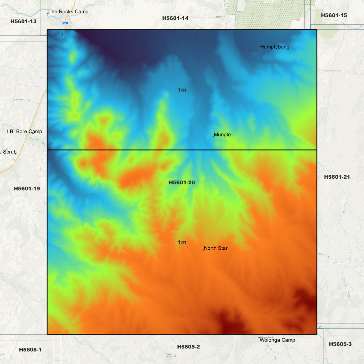 North Star coverage overview in pseudocolour, marking the available elevation data areas.

