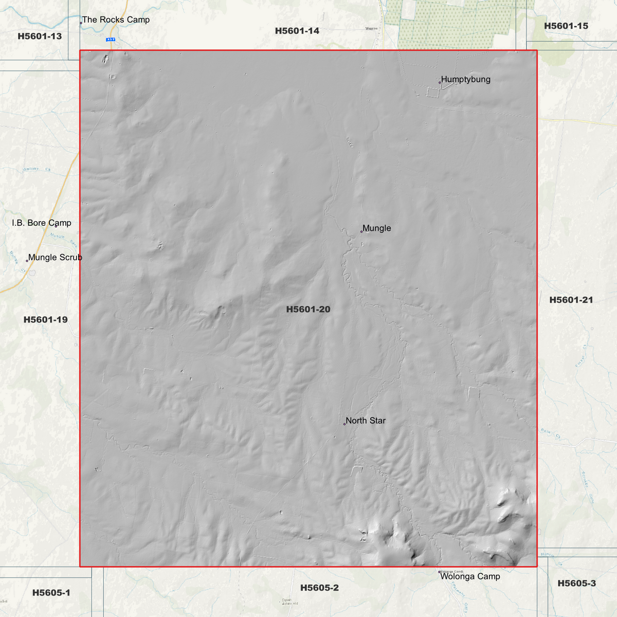 North Star 1m hillshade showing terrain relief within the outlined data coverage area.
