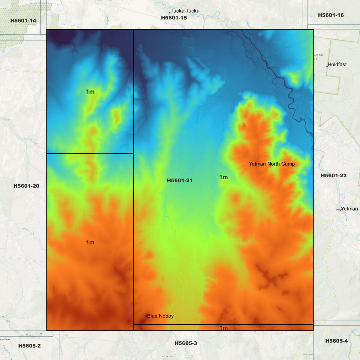 Ngoonyalah coverage overview in pseudocolour, marking the available elevation data areas.
