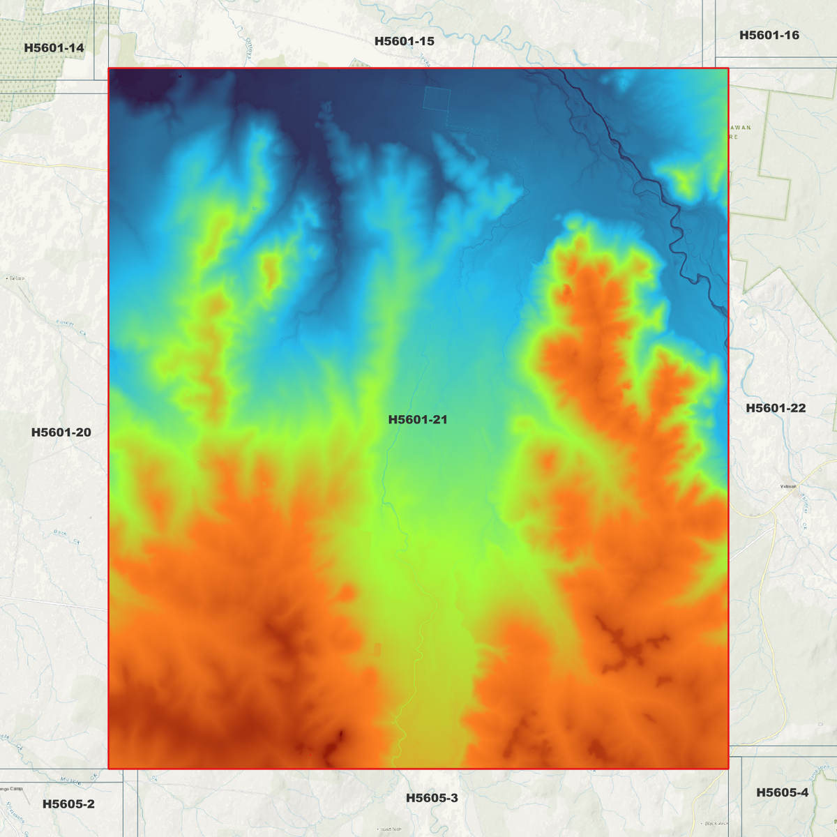 Ngoonyalah 1m elevation map in single-band pseudocolour, with the data extent outlined over a background map.
