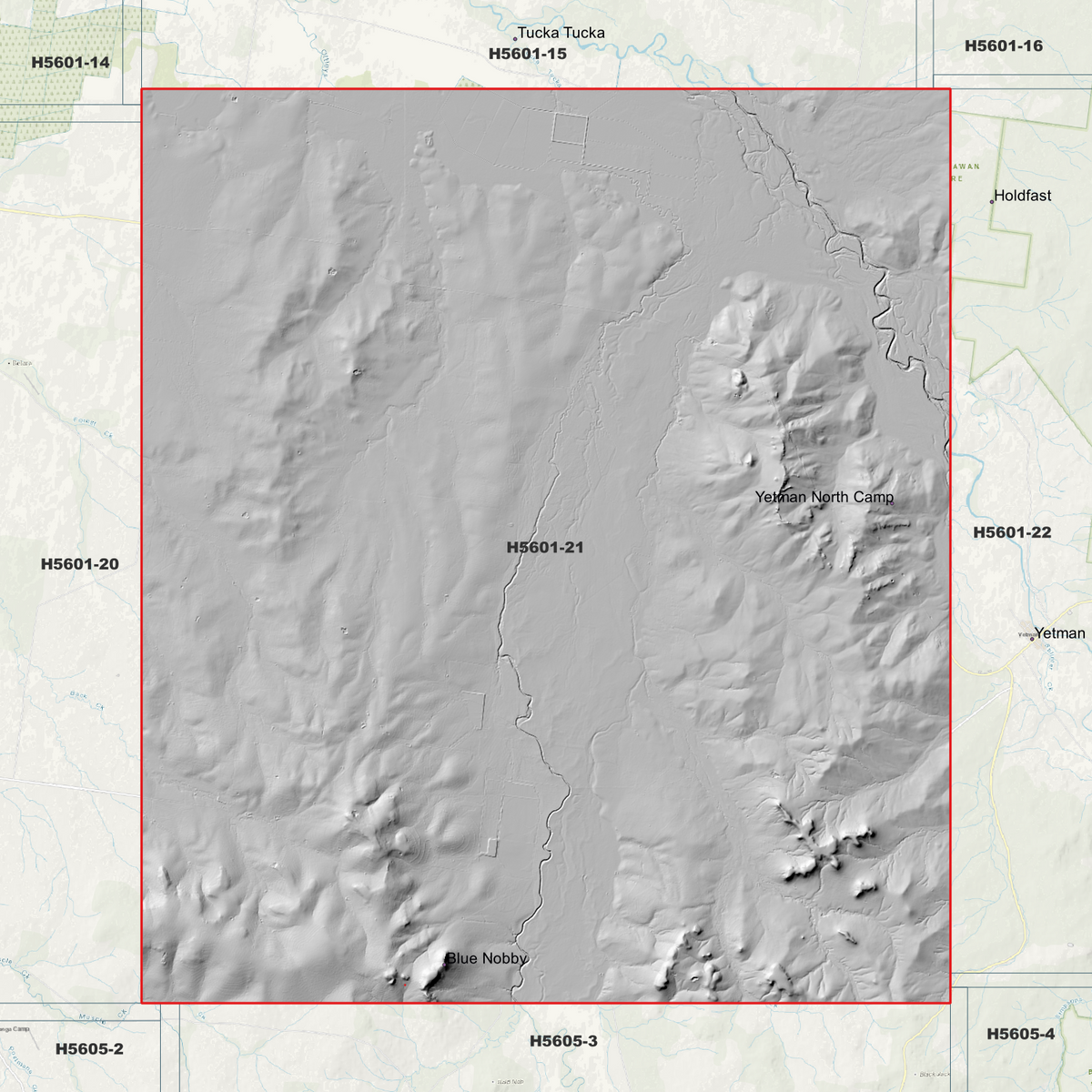Ngoonyalah 1m hillshade showing terrain relief within the outlined data coverage area.
