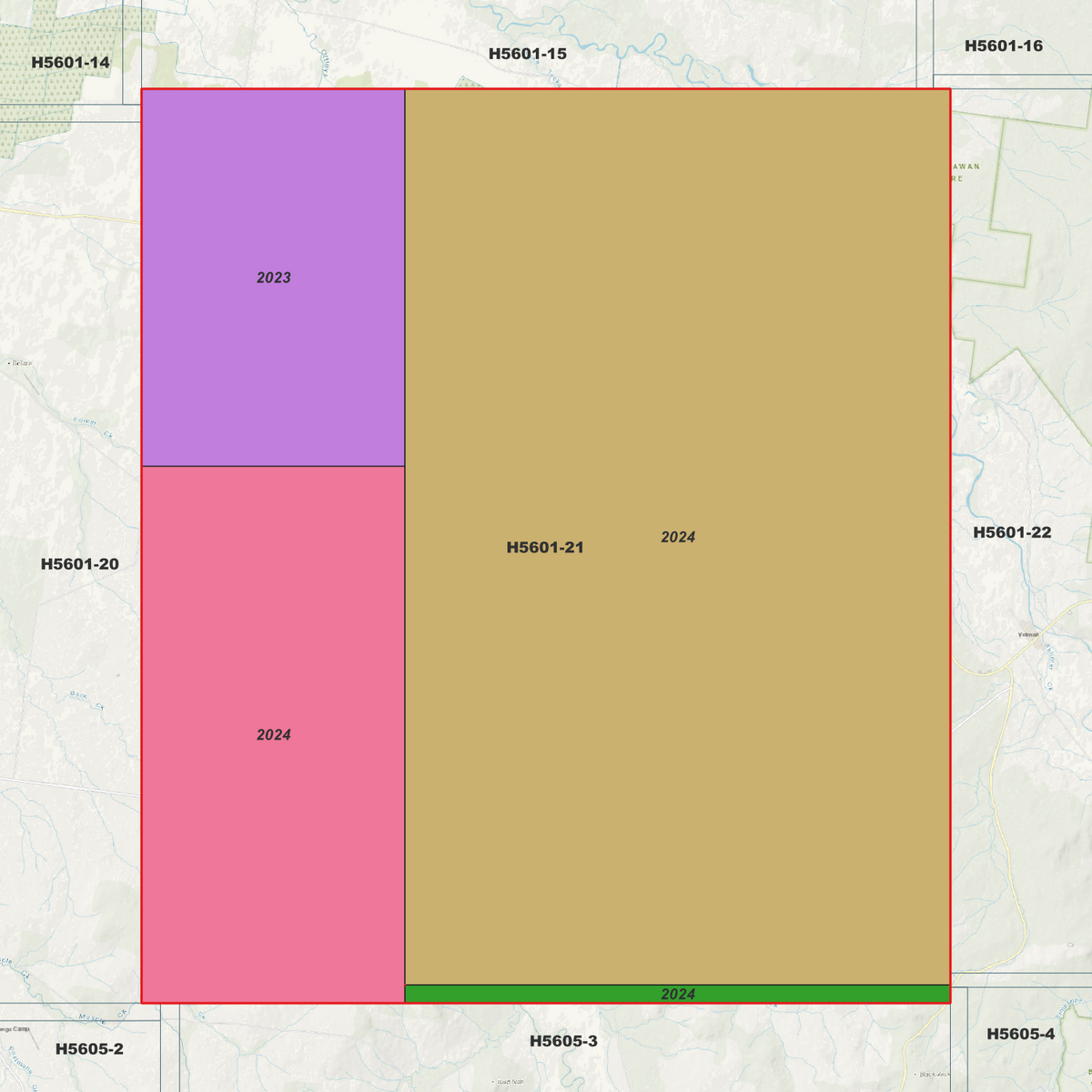 Ngoonyalah 1m metadata index showing coloured survey coverage areas with date labels.
