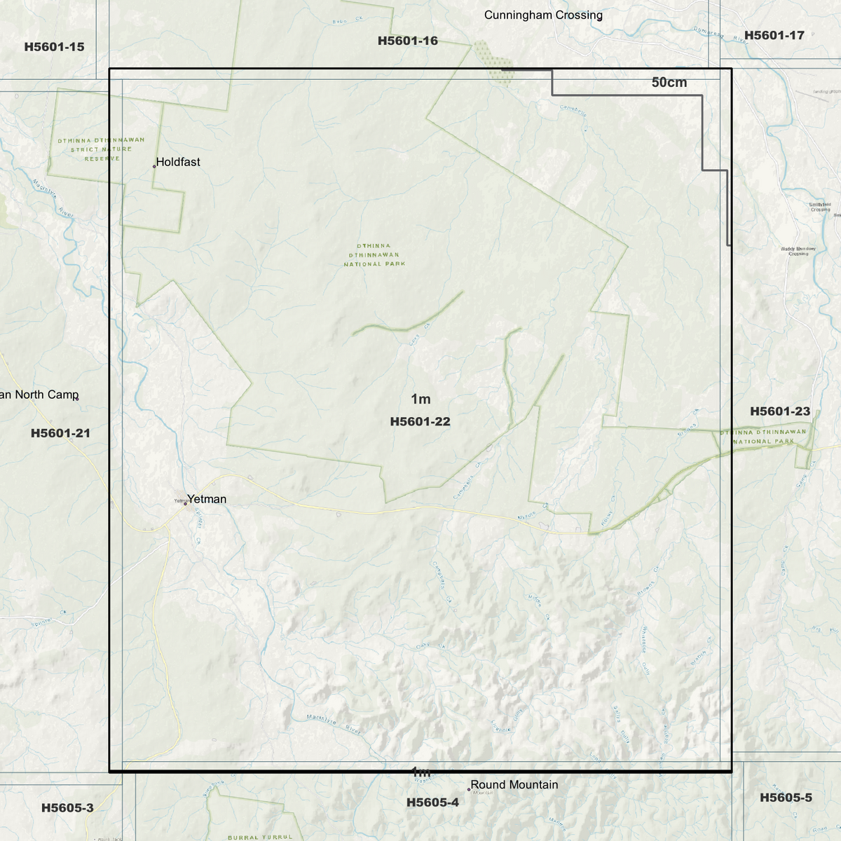 Yetman background map showing data coverage boundaries without an elevation overlay.

