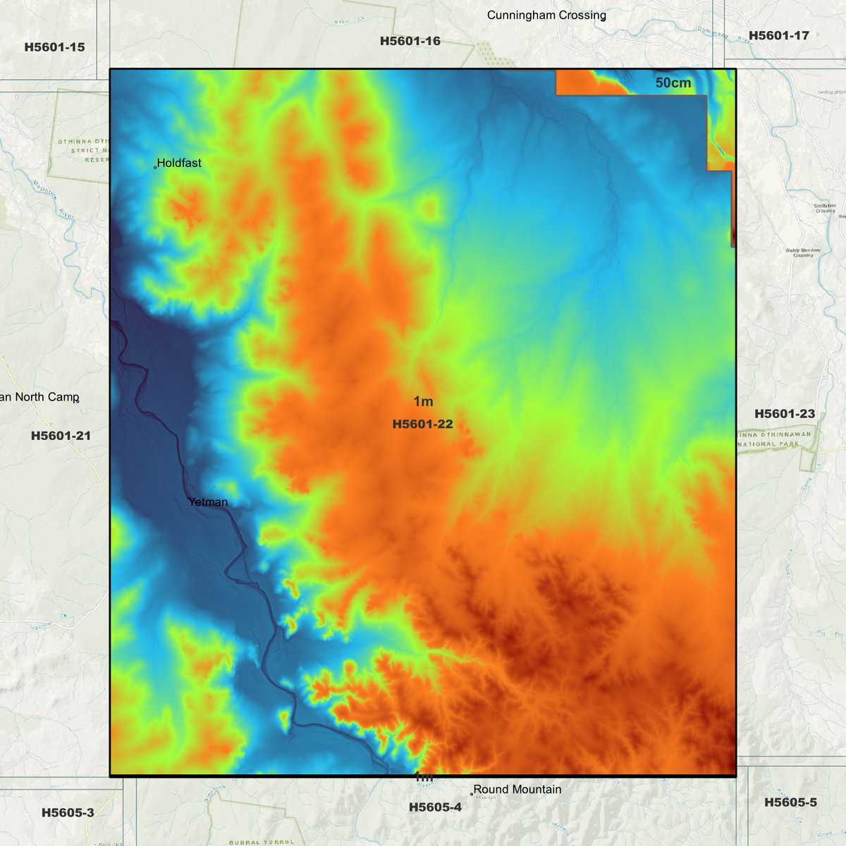 Yetman coverage overview in pseudocolour, marking the available elevation data areas.
