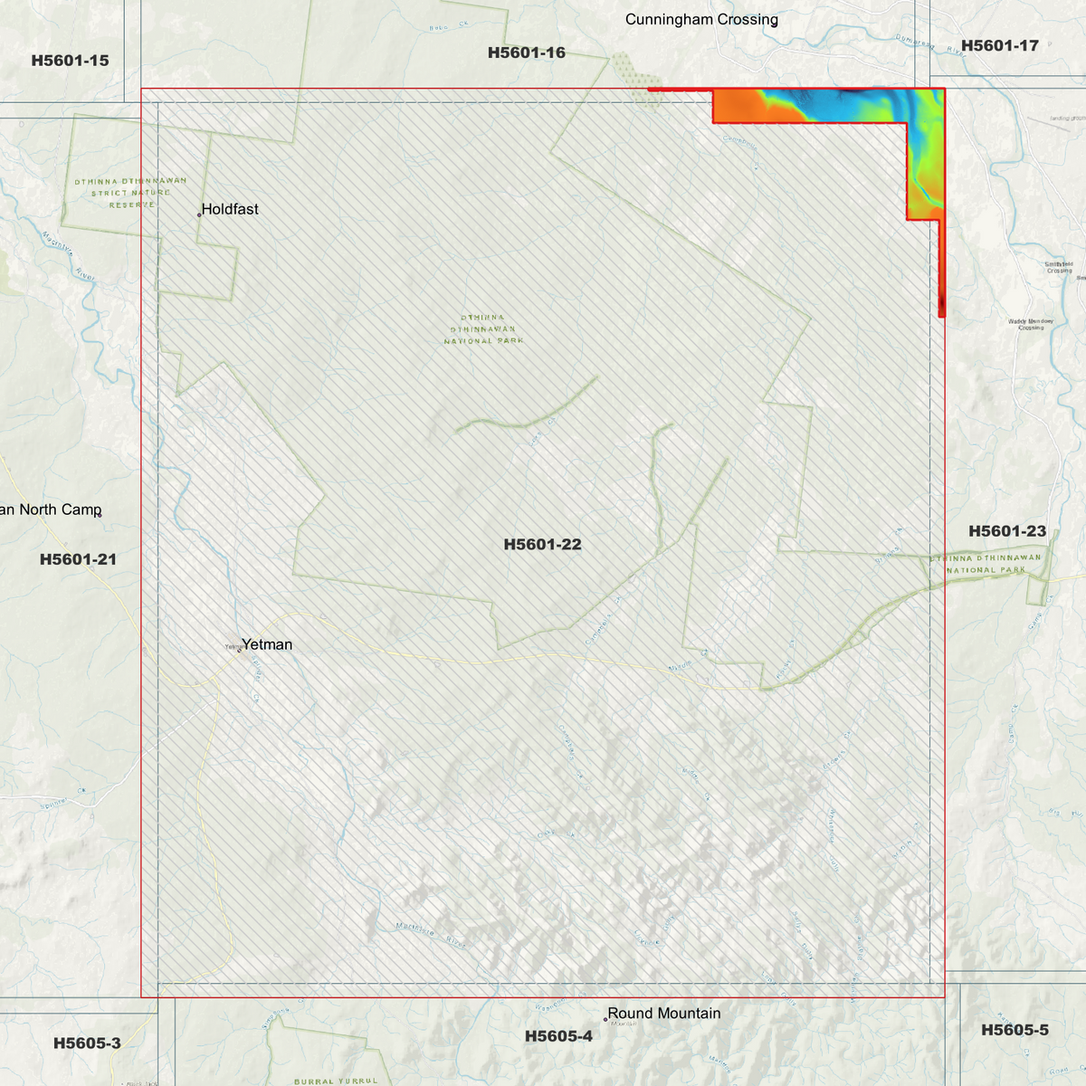 Yetman 50cm elevation map in single-band pseudocolour, with the data extent outlined over a background map.
