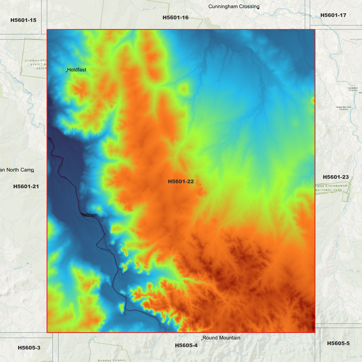 Yetman 1m elevation map in single-band pseudocolour, with the data extent outlined over a background map.
