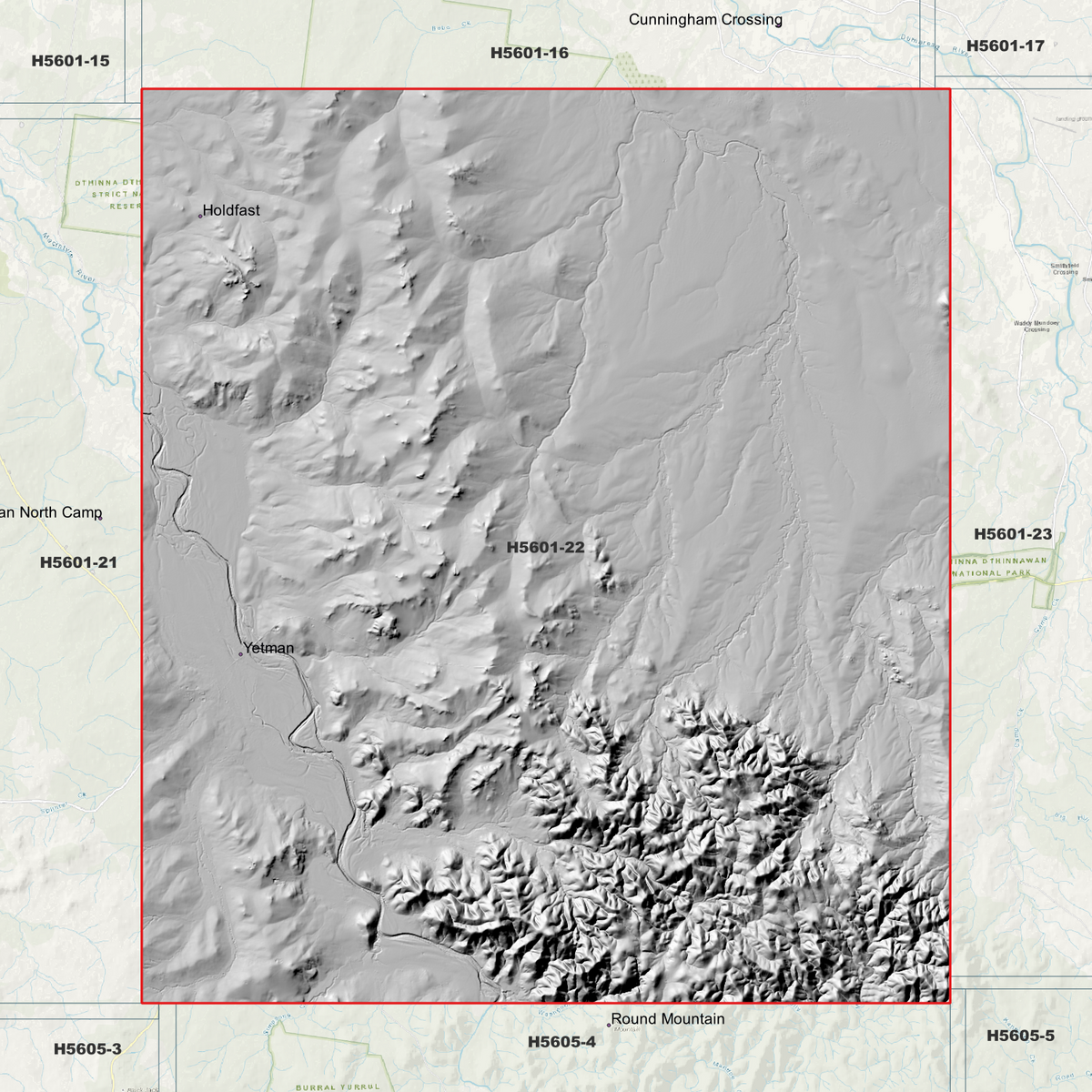 Yetman 1m hillshade showing terrain relief within the outlined data coverage area.
