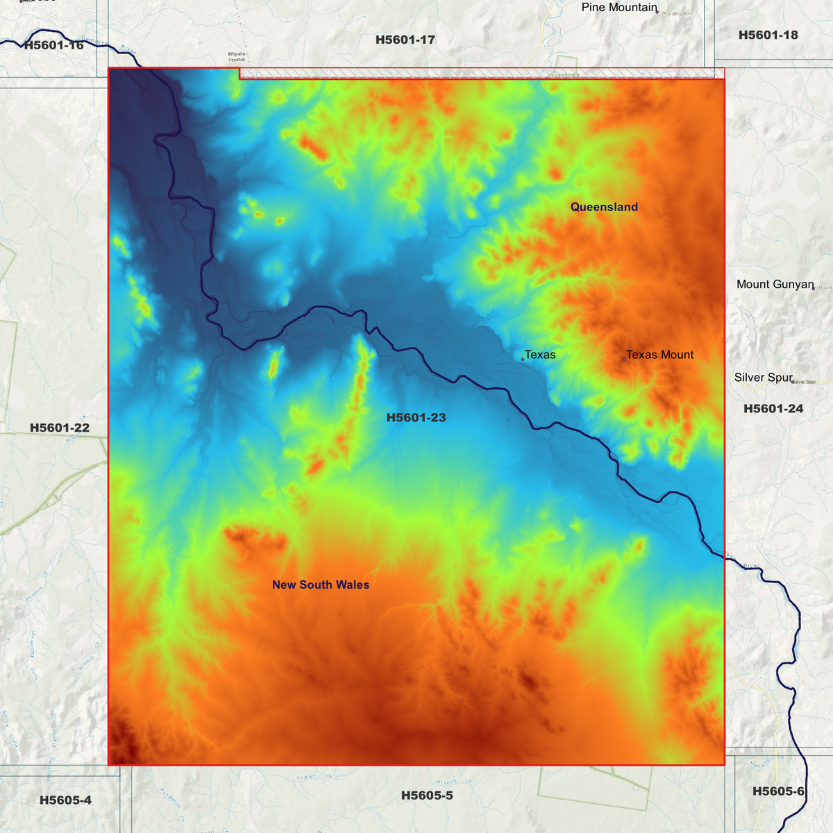 Texas 5m elevation map in single-band pseudocolour, with the data extent outlined over a background map.
