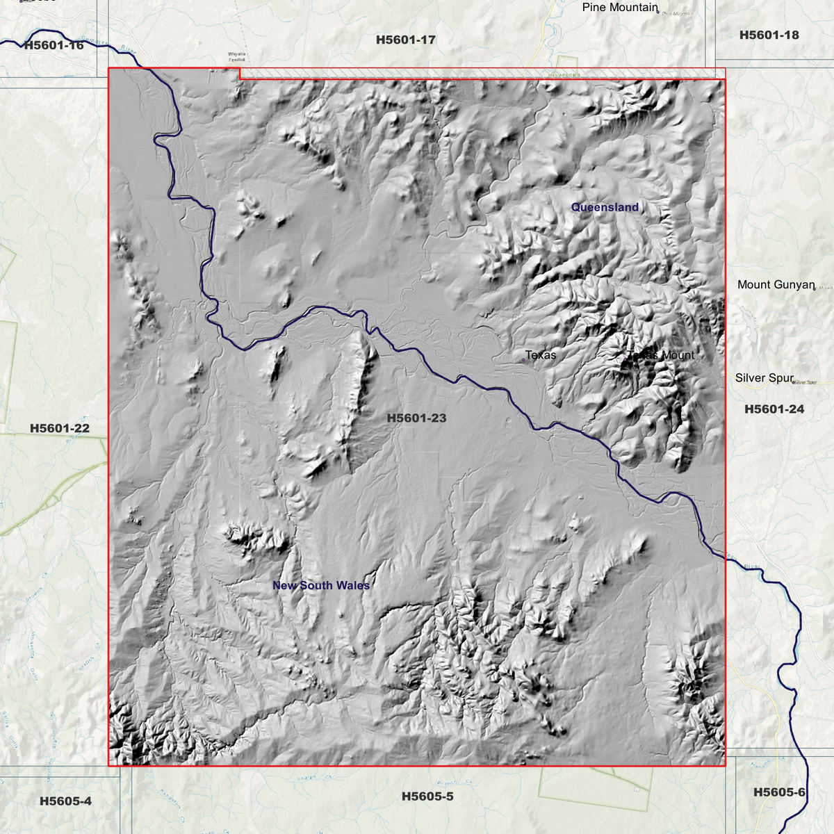 Texas 5m hillshade showing terrain relief within the outlined data coverage area.
