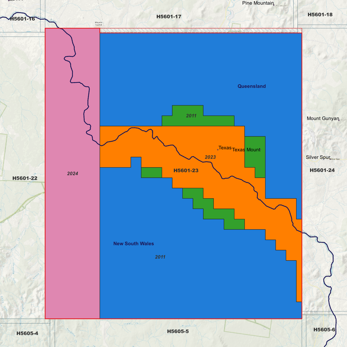 Texas 5m metadata index showing coloured survey coverage areas with date labels.
