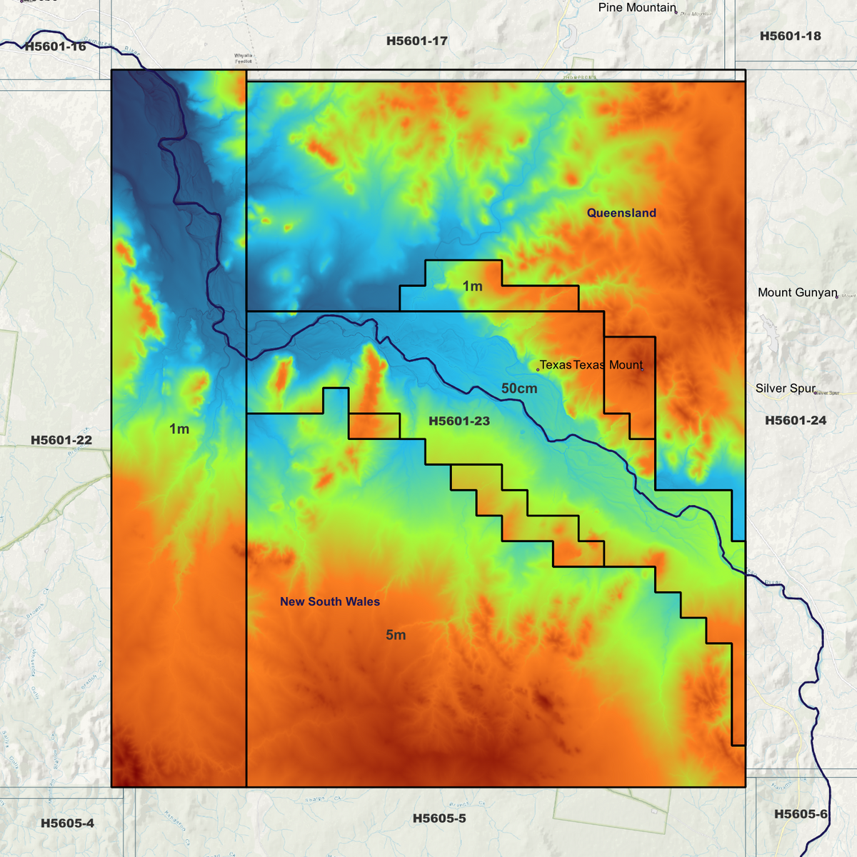 Texas coverage overview in pseudocolour, marking the available elevation data areas.
