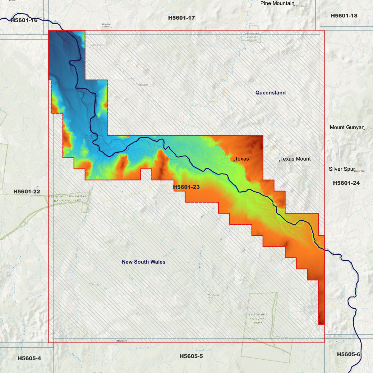 Texas 50cm elevation map in single-band pseudocolour, with the data extent outlined over a background map.
