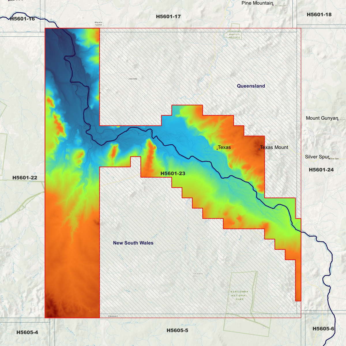 Texas 1m elevation map in single-band pseudocolour, with the data extent outlined over a background map.
