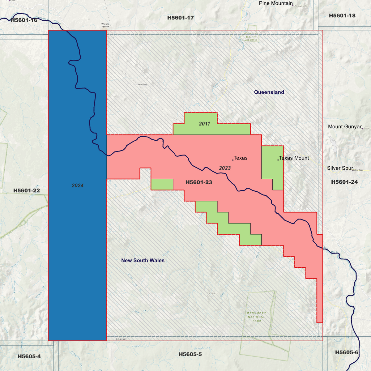 Texas 1m metadata index showing coloured survey coverage areas with date labels.
