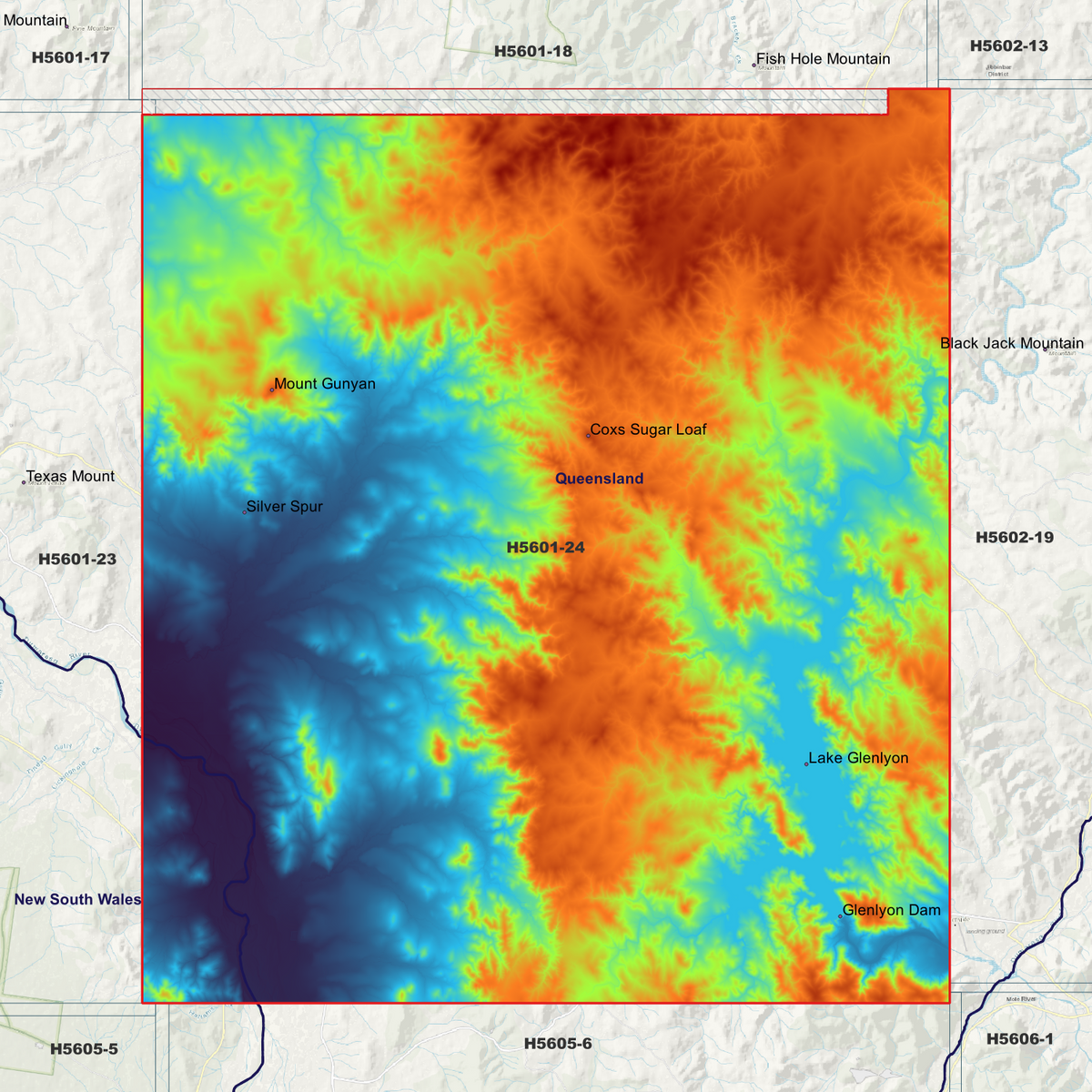 Glenlyon 5m elevation map in single-band pseudocolour, with the data extent outlined over a background map.
