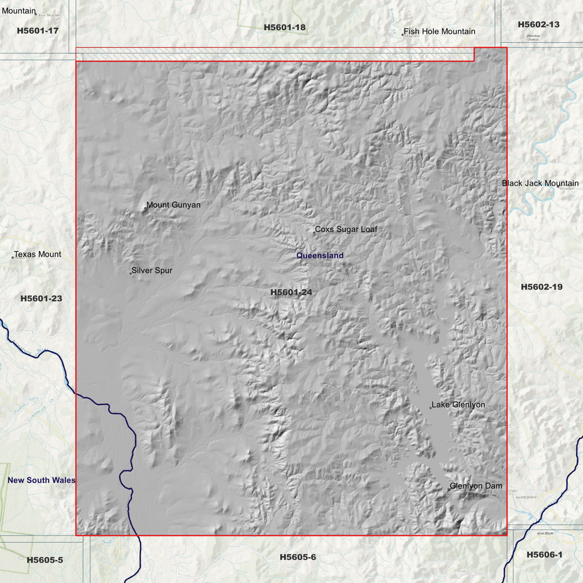 Glenlyon 5m hillshade showing terrain relief within the outlined data coverage area.
