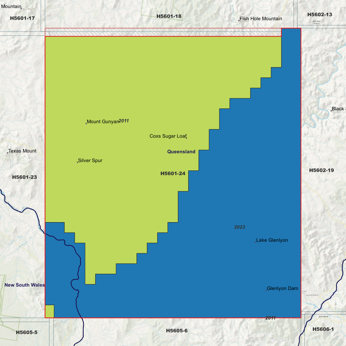 Glenlyon 5m metadata index showing coloured survey coverage areas with date labels.
