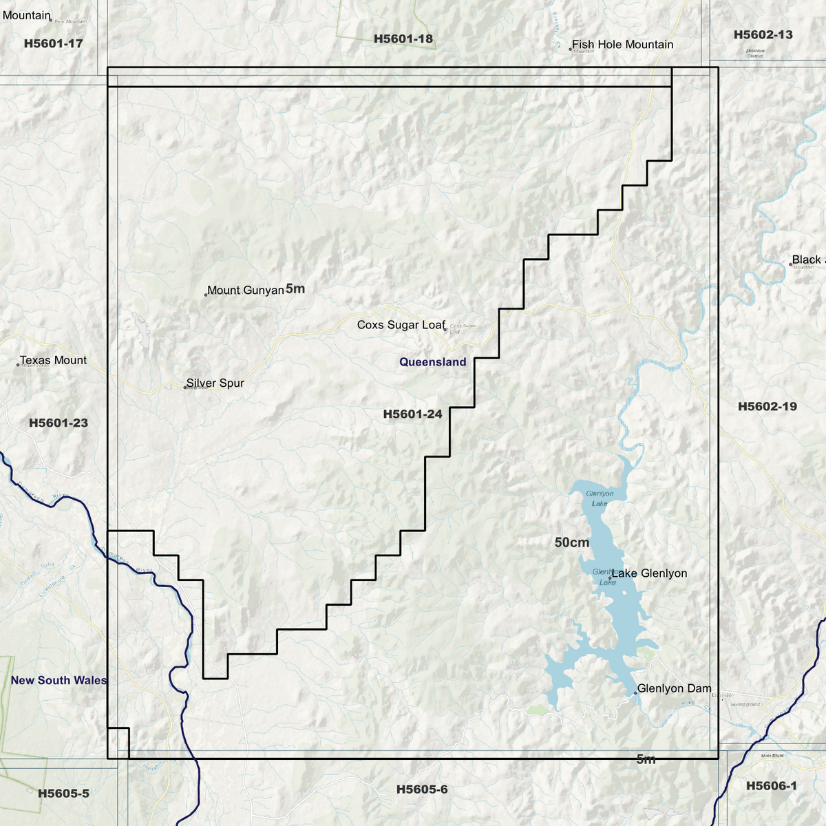 Glenlyon background map showing data coverage boundaries without an elevation overlay.
