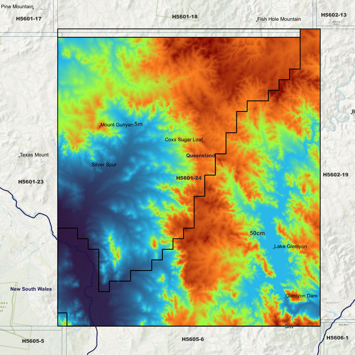 Glenlyon coverage overview in pseudocolour, marking the available elevation data areas.
