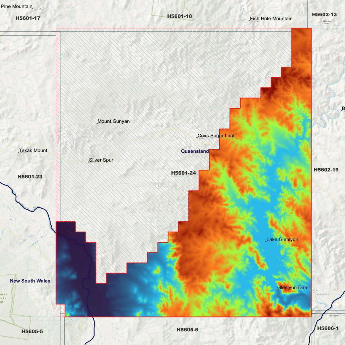 Glenlyon 50cm elevation map in single-band pseudocolour, with the data extent outlined over a background map.

