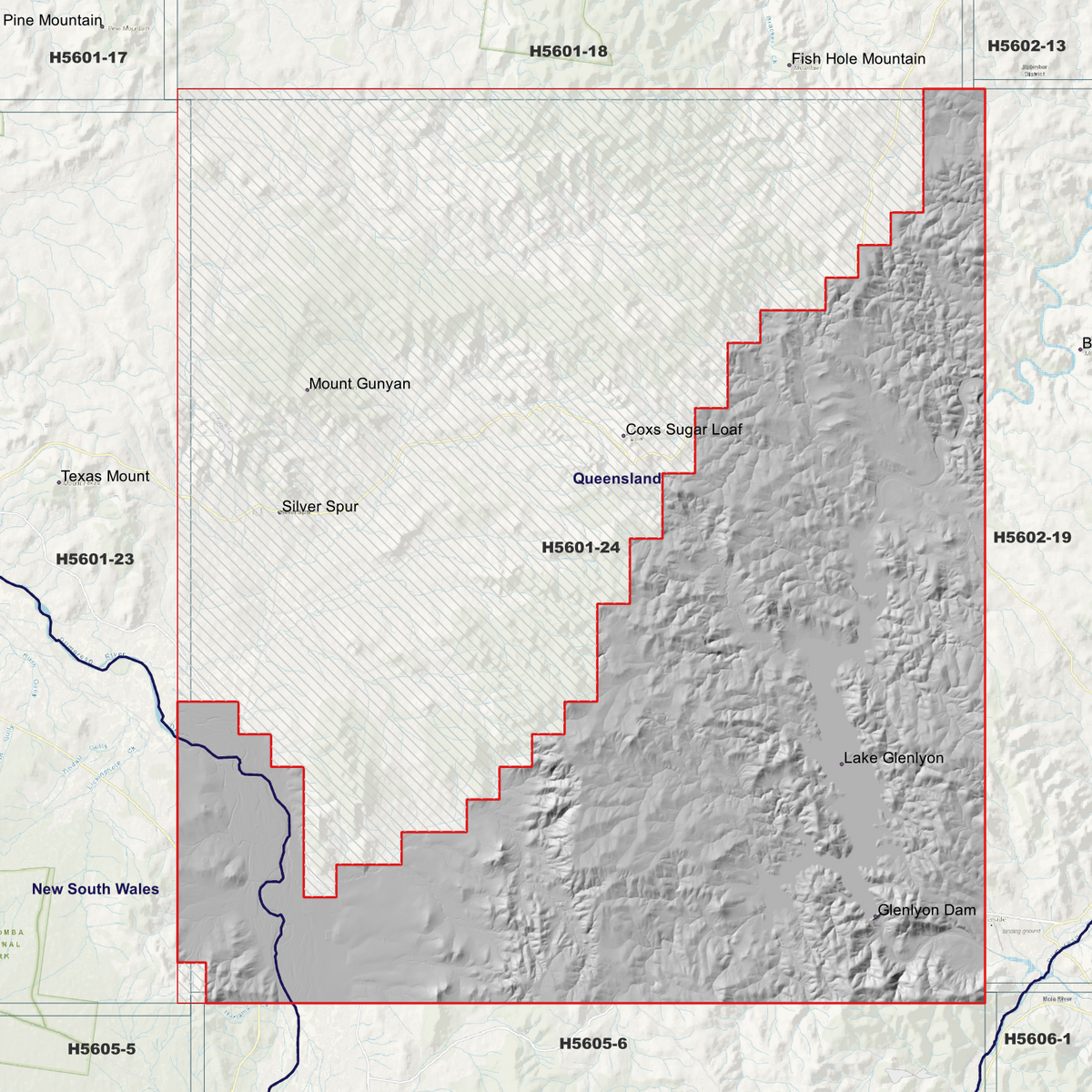 Glenlyon 50cm hillshade showing terrain relief within the outlined data coverage area.
