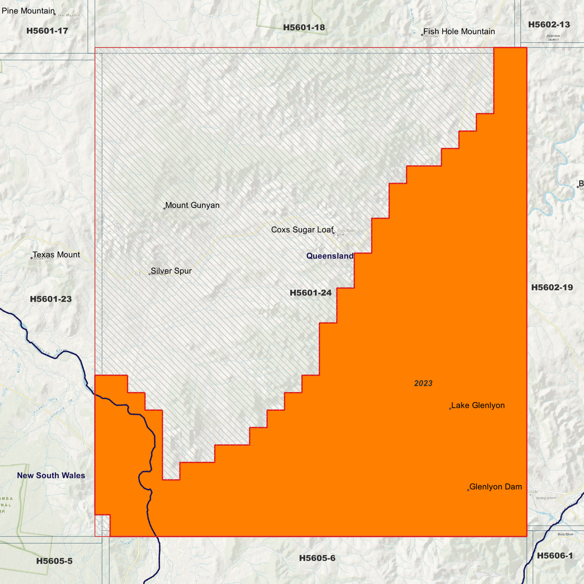 Glenlyon 50cm metadata index showing coloured survey coverage areas with date labels.
