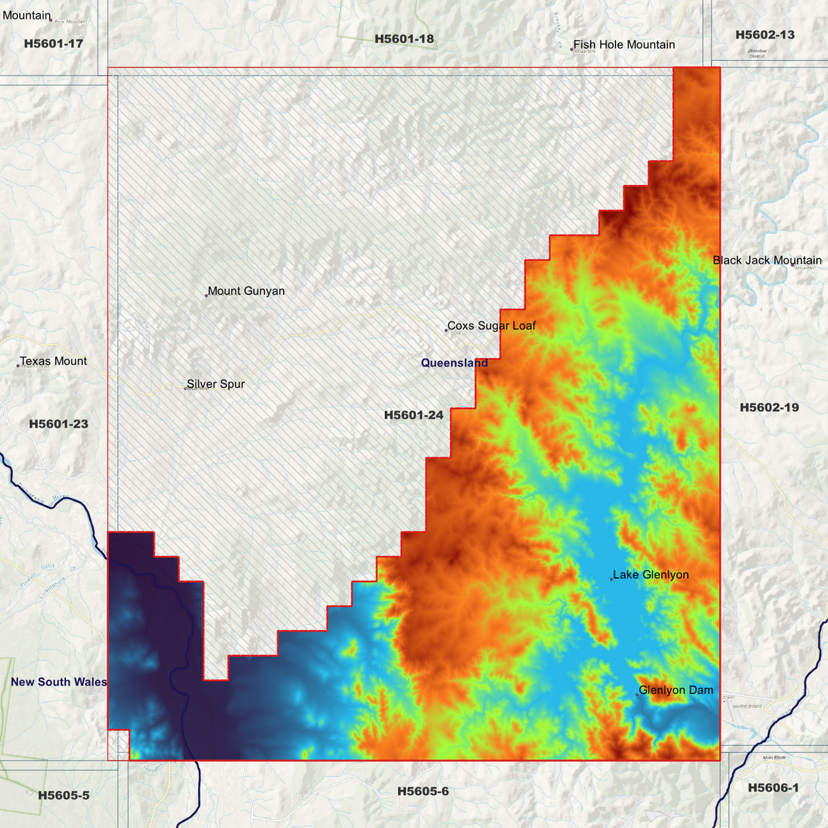 Glenlyon 1m elevation map in single-band pseudocolour, with the data extent outlined over a background map.
