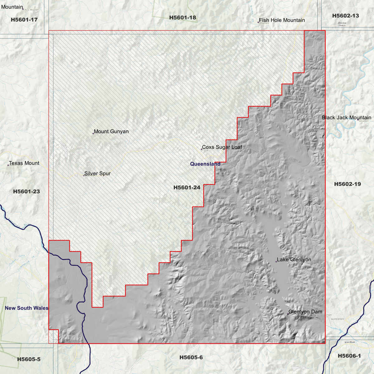 Glenlyon 1m hillshade showing terrain relief within the outlined data coverage area.
