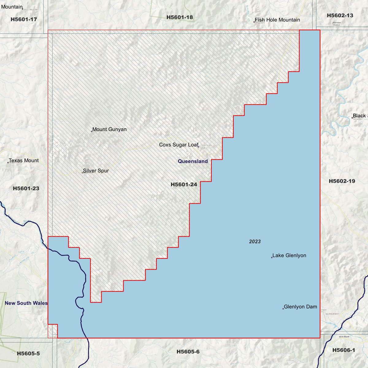 Glenlyon 1m metadata index showing coloured survey coverage areas with date labels.
