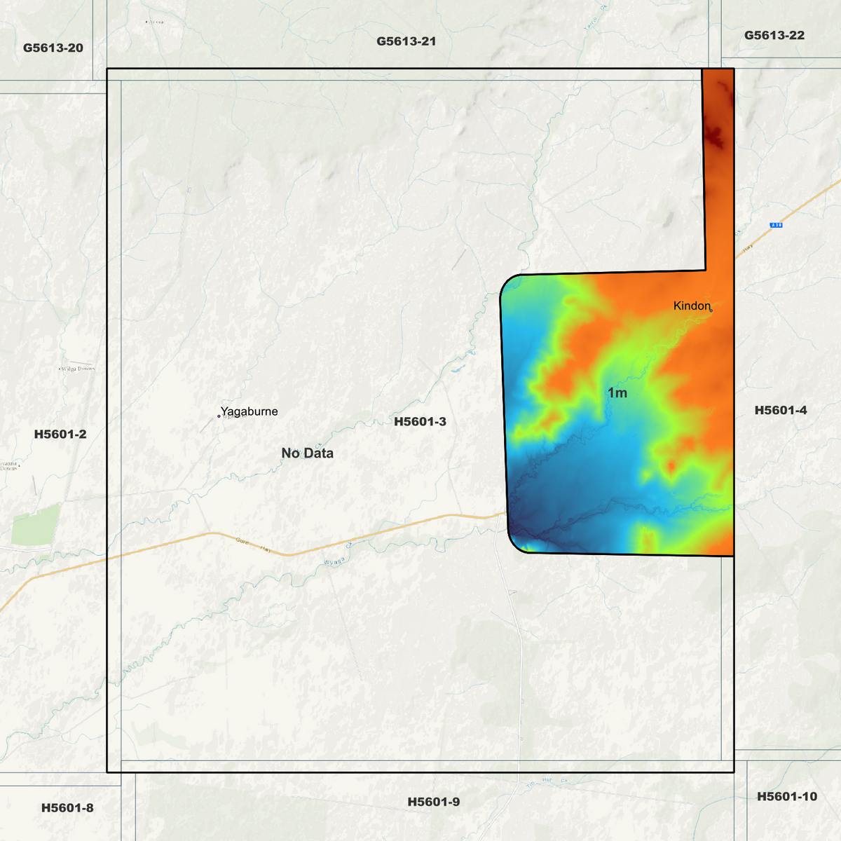 Kindon coverage map showing 1m elevation data on the eastern edge and a large no-data area to the west.

