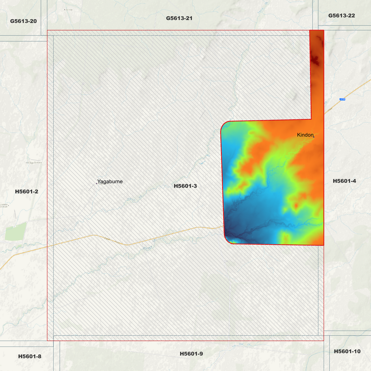 Kindon 1m pseudocolour elevation near Kindon, with most of the tile hatched outside the data boundary.

