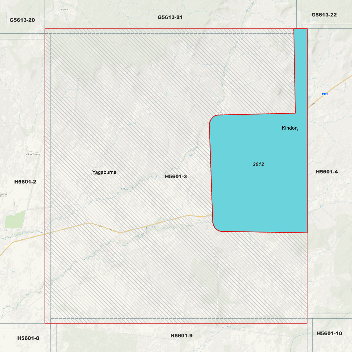 Kindon 1m metadata index showing the eastern survey area labelled 2012.
