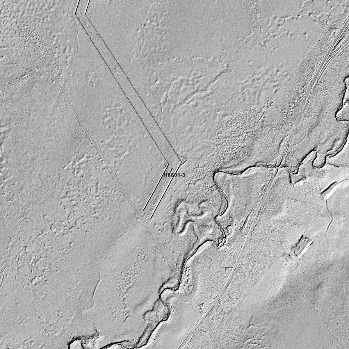 Close-up Kindon hillshade showing a winding creek and angular tracks across gently sloping terrain.
