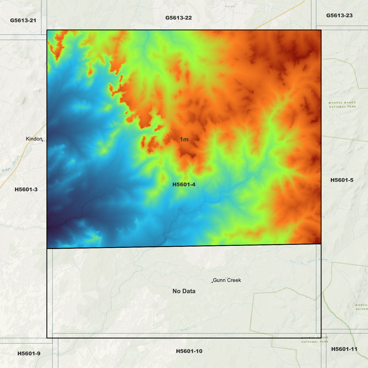 Gunn Creek coverage map showing 1m pseudocolour elevation across the north and a no-data strip in the south.
