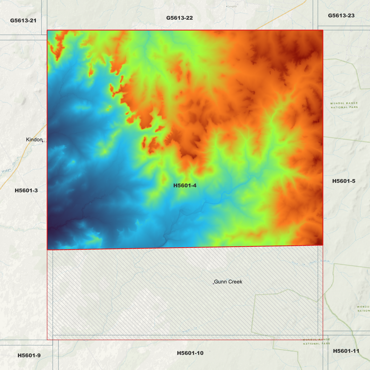 Gunn Creek 1m pseudocolour elevation with blue low areas, orange high areas and a hatched southern gap.
