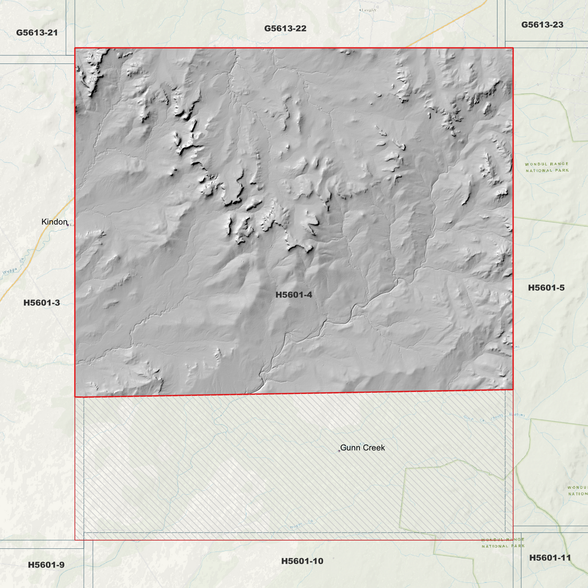 Gunn Creek 1m hillshade showing hills and branching valleys north of a hatched coverage gap.
