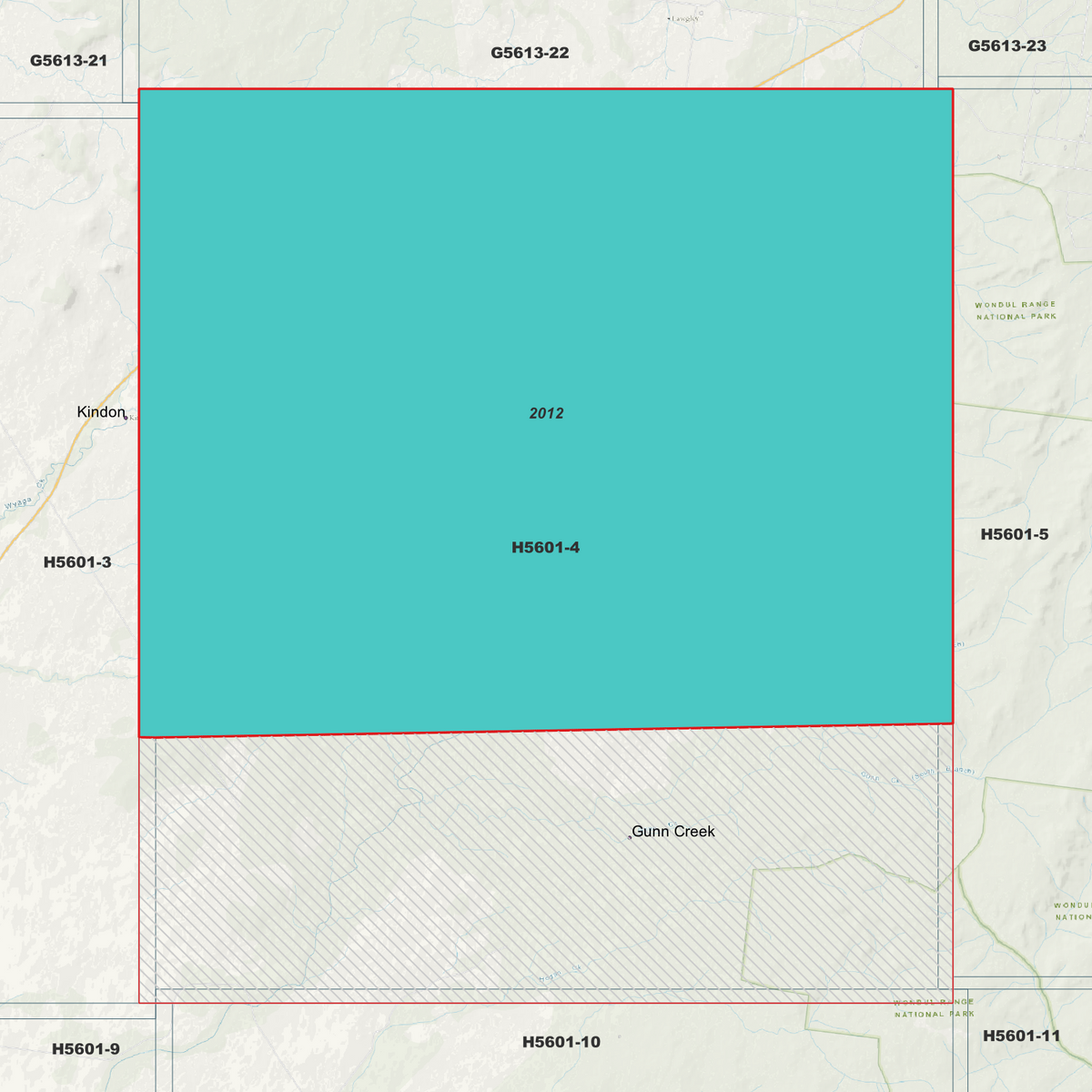 Gunn Creek 1m metadata index showing the northern survey area labelled 2012.
