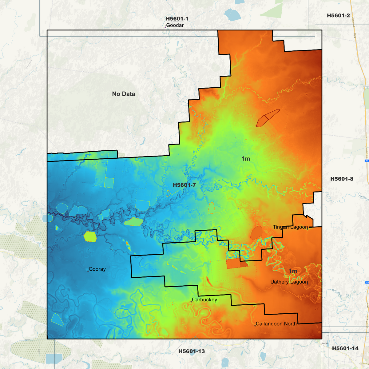 Gooray coverage map showing 1m elevation data and a large no-data area in the north-west.

