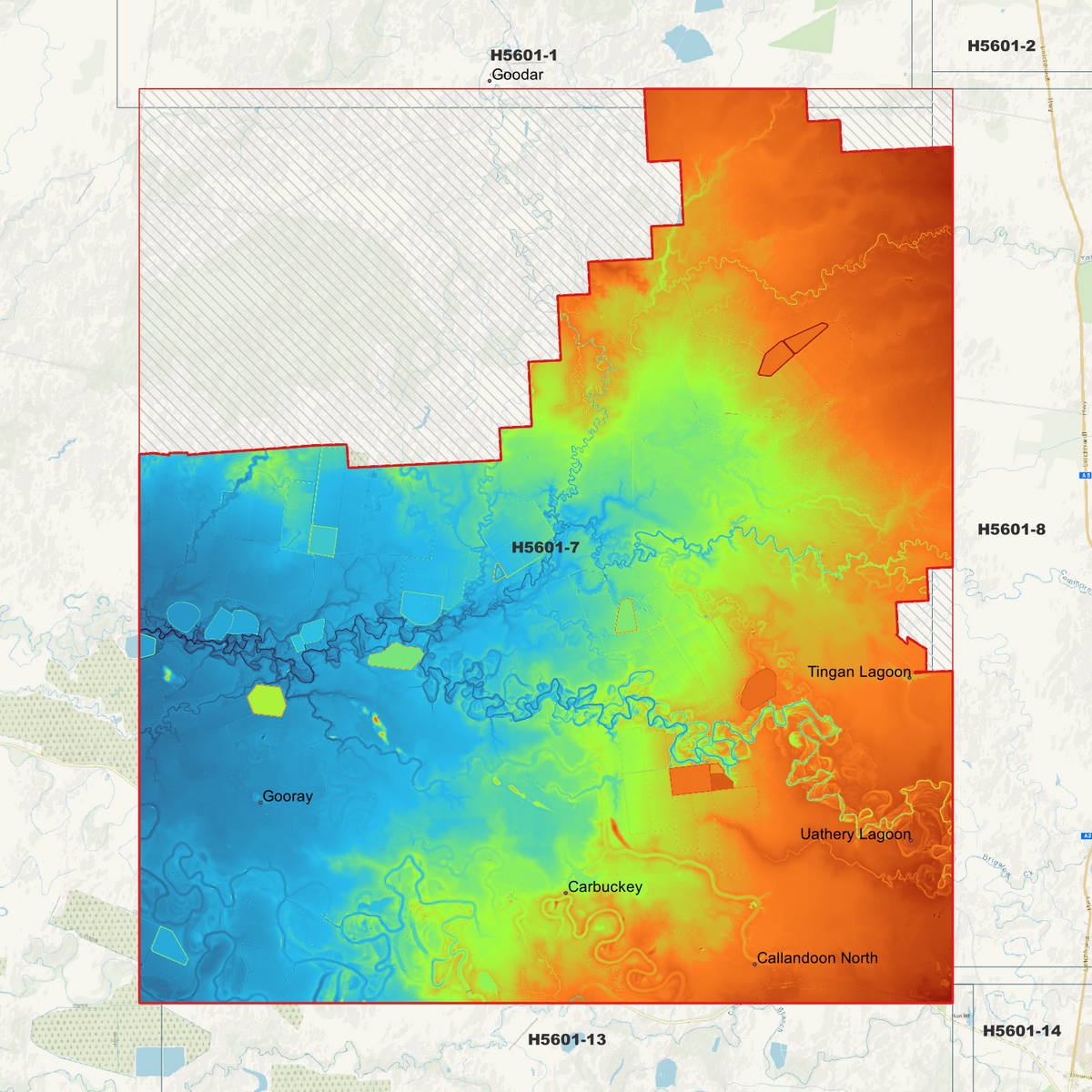 Gooray 1m pseudocolour elevation showing winding channels and a hatched gap in the north-west.
