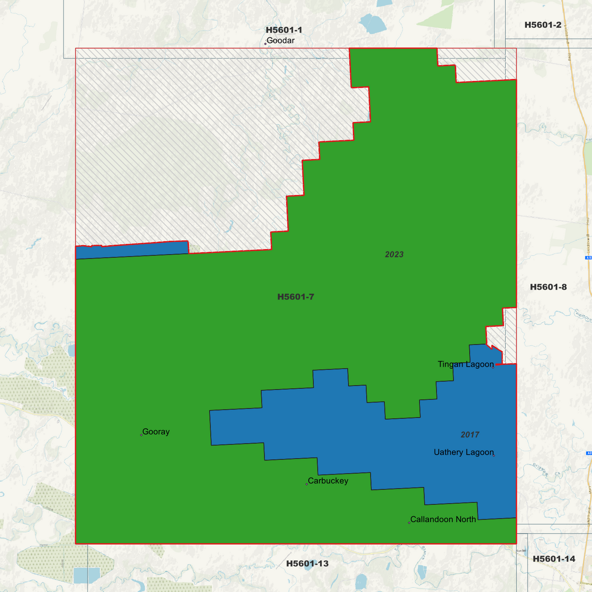 Gooray 1m metadata index showing survey areas labelled 2017 and 2023.
