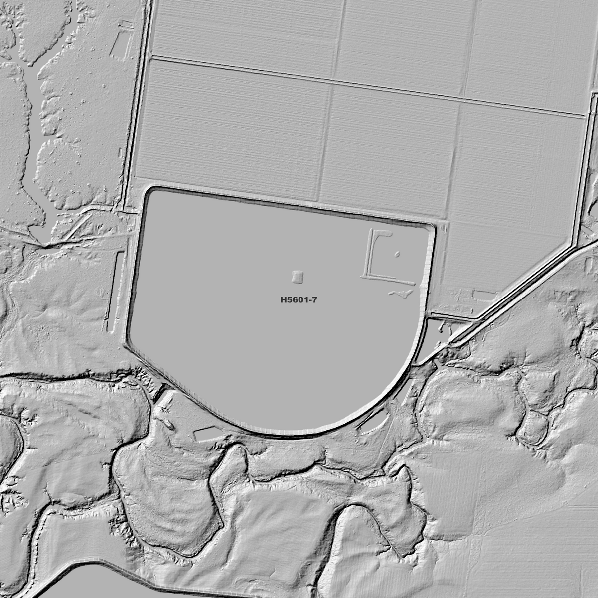 Close-up Gooray hillshade showing a large embanked basin, adjoining fields and winding channels.
