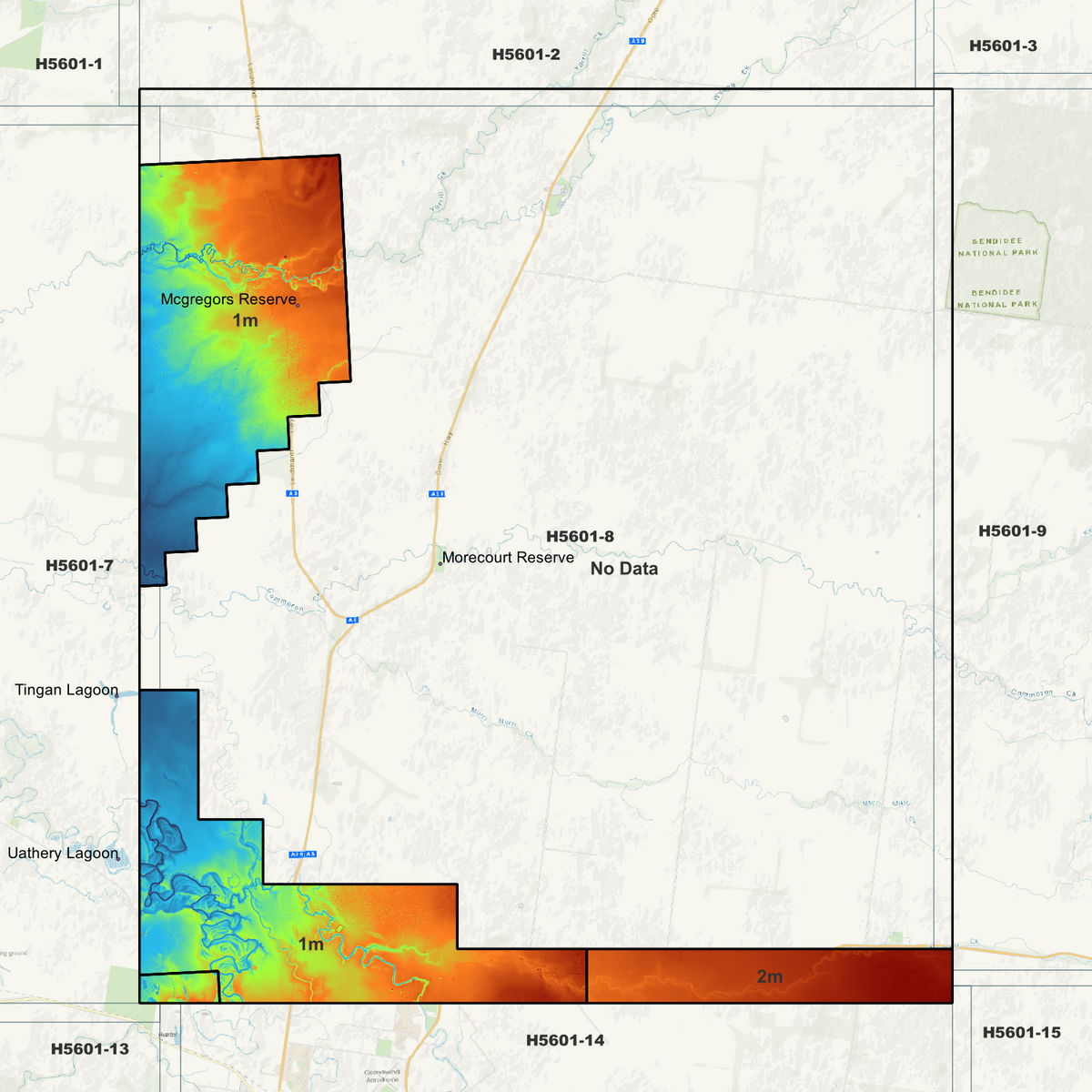 Murri Murri coverage map showing 1m and 2m elevation areas along the tile edges and a large central no-data area.

