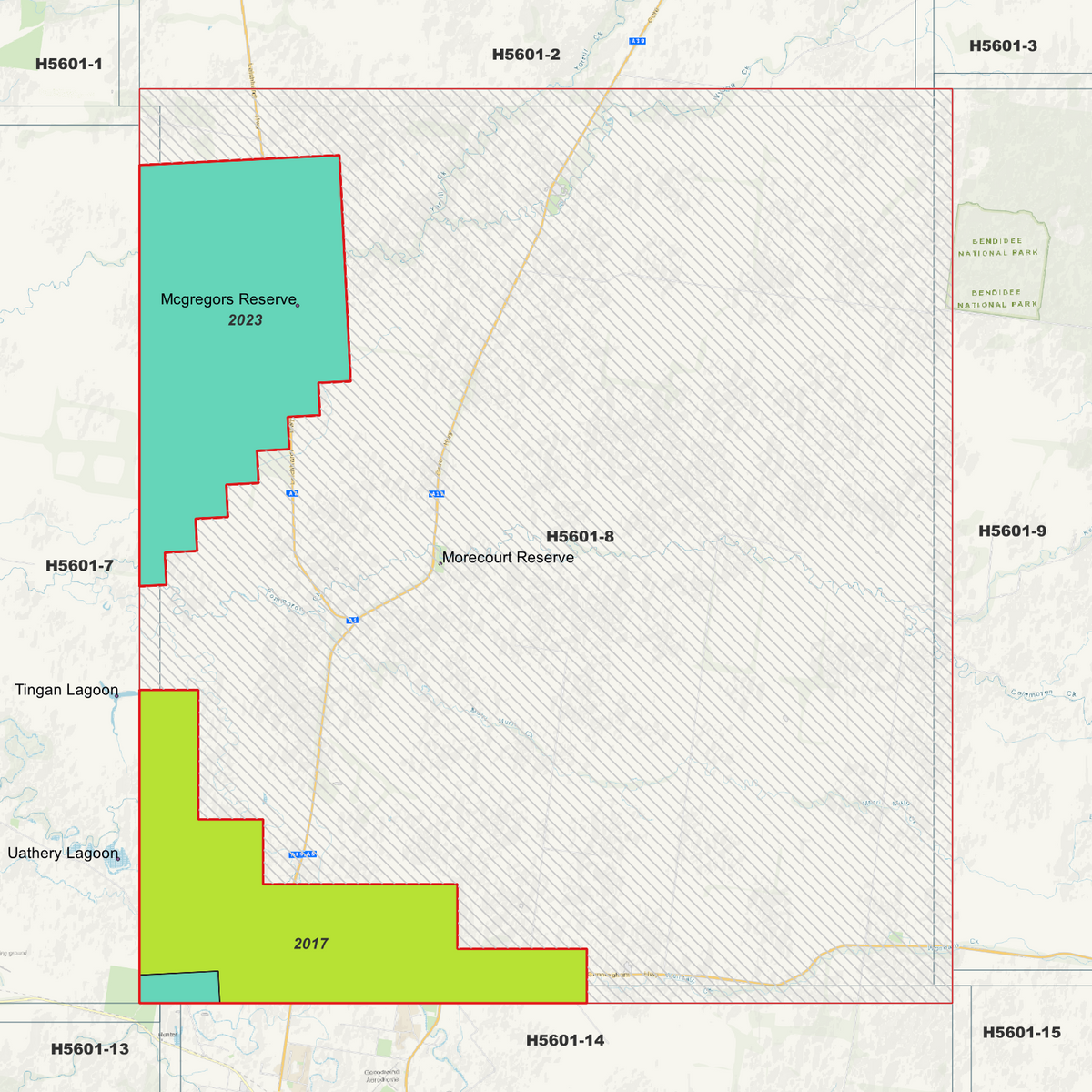 Murri Murri 1m metadata index with survey areas labelled 2017 and 2023.
