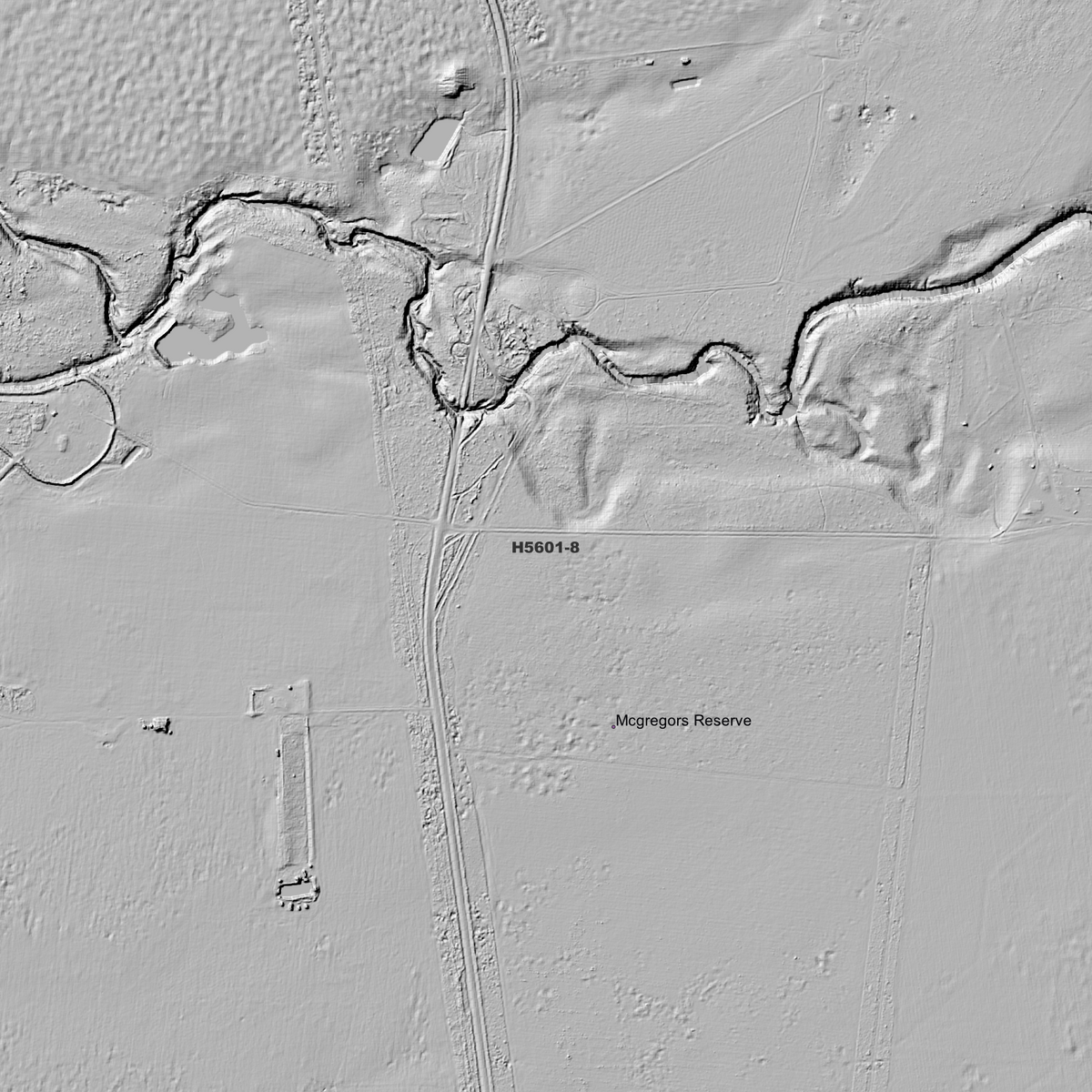 Close-up Murri Murri 1m hillshade showing a winding channel and straight tracks near Mcgregors Reserve.
